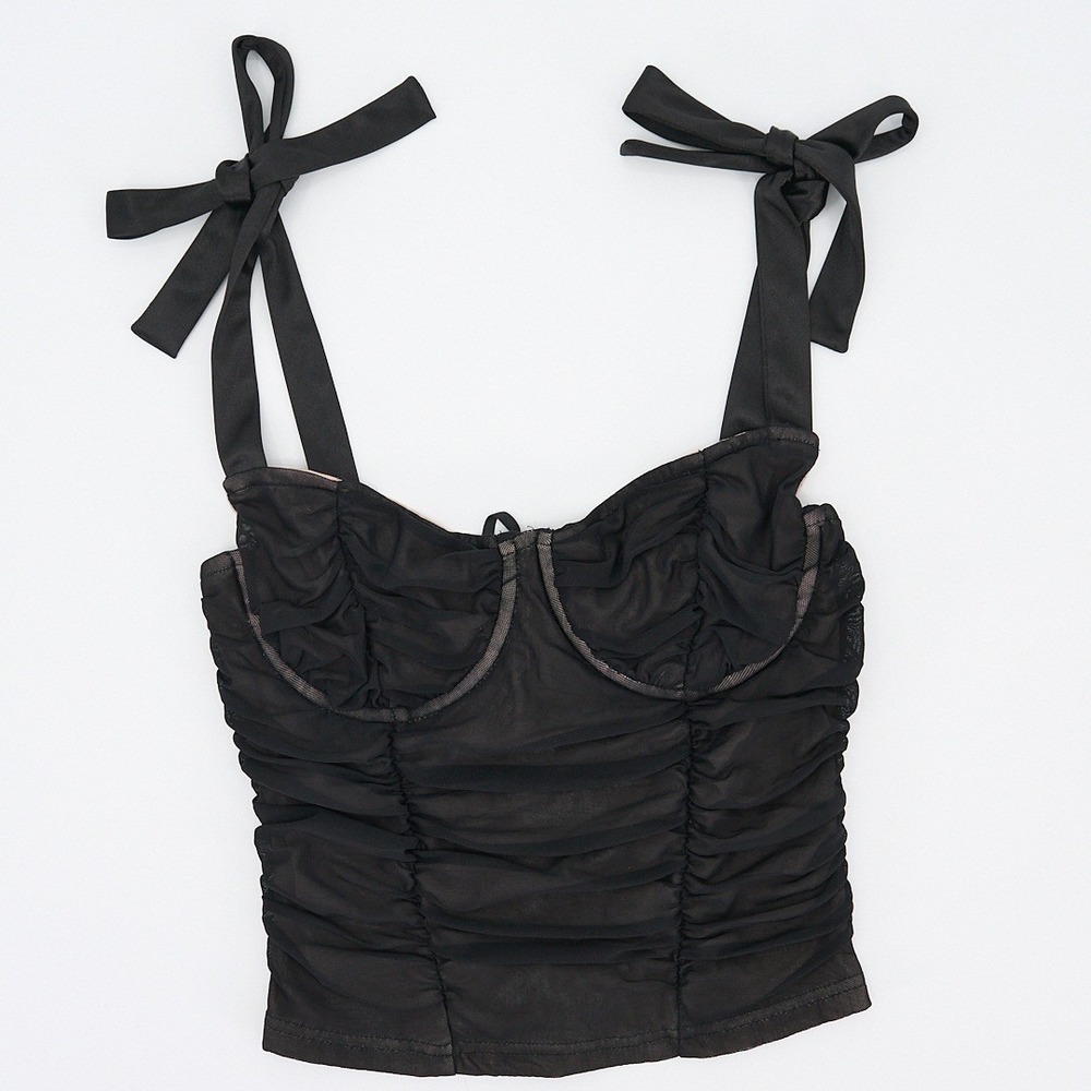 BriDGE Black Ruched Mesh Bustier Crop Top Satin Bow Straps